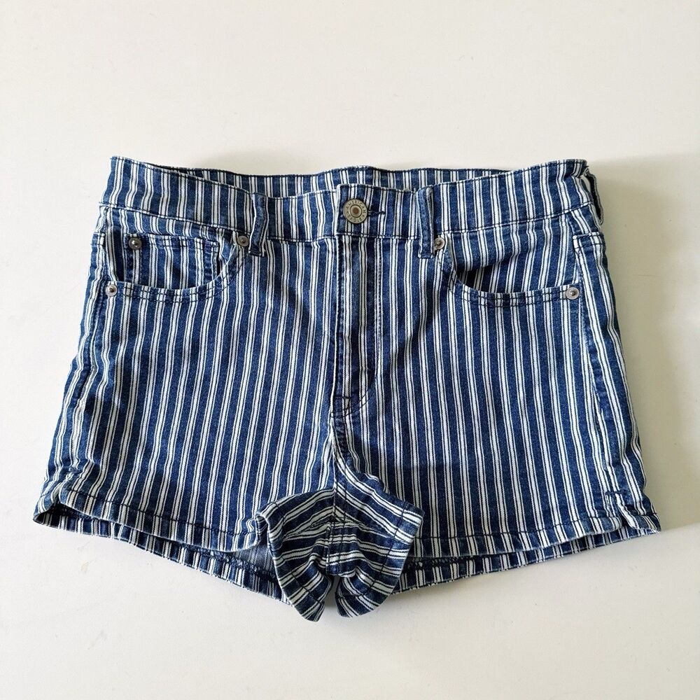American Eagle 10 Hi-Rise Shortie Blue Stripe Denim Shorts Next Level Stretch - Picture 3 of 13